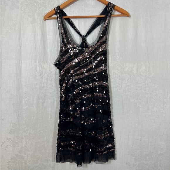Full Sequin Mini Dress Black Silver Mesh Disco Sleeveless Sheer Unlined Bodycon - Picture 1 of 8